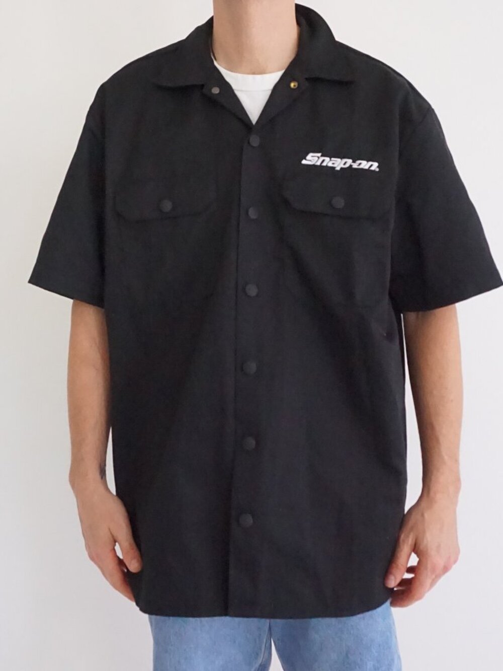 Snap-on Black White Embroidered Logo Auto Mechanic Uniform Workwear Button Up XL